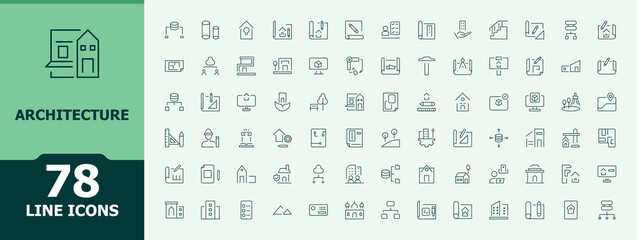 Set of Architecture line icon. Contain linear sign plan, house, architectural, drawing, home, measurement and more. Thin icons set. Architecture line icon set. Editable vector.
