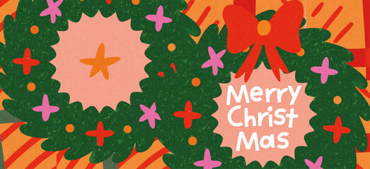 Merry Christmas and Happy New Year greeting card or banner. Modern beautiful Xmas design with typography and Christmas tree branches. Art poster, cover, decor templates