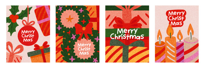 Merry Christmas and Happy New Year greeting card Set. Modern beautiful Xmas design with typography, Christmas tree, fir branches, balls and toys. Art banner, poster, cover templates
