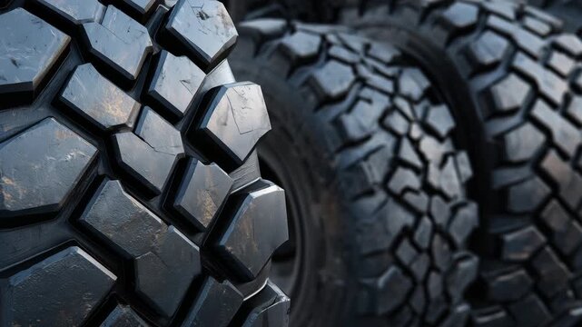Detailed close-up of arranged vehicle tires, rugged tread patterns visible, rubber edges sharp, minimalist dark background emphasizing strength and durability