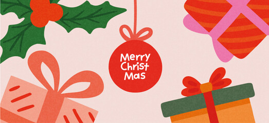 Merry Christmas and Happy New Year greeting card or banner. Modern beautiful Xmas design with typography, Christmas tree branches, balls and toys. Art poster, cover, decor templates
