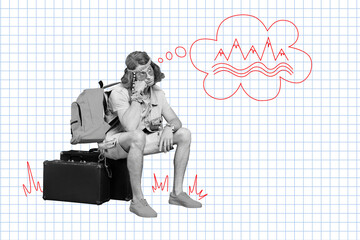 Creative trend collage of sad young man dream mountain camping hitchhiking unusual fantasy...