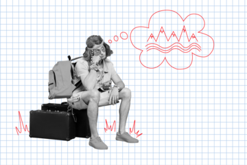 Creative trend collage of sad young man dream mountain camping hitchhiking unusual fantasy billboard comics