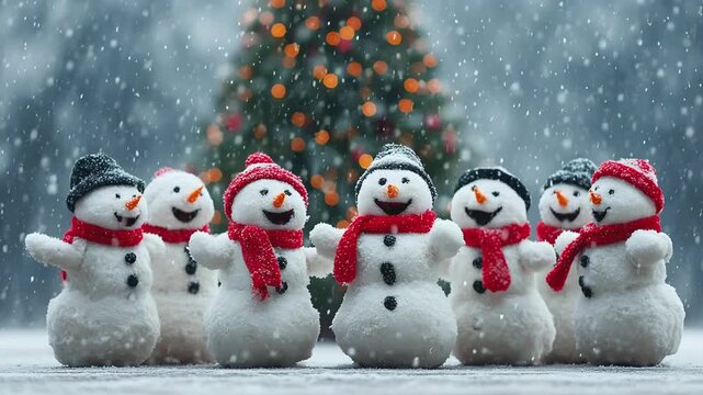 Dancing snowmen against the backdrop of a Christmas tree, soft snow falling, an idea for greeting Merry Christmas and a Happy New Year