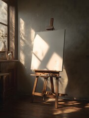 A large clean white canvas on an easel in an artist's studio.