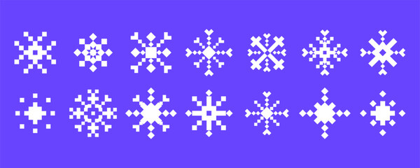 Abstract Snowflakes icon set. Set of white pixel snowflake icons in geometric style on purple background for web design,logo, emblem, print, UI, mobile apps, and digital projects. Vector illustration