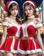 Two young beautiful girls dressed in Christmas clothes. Christmas decorated city background, Christmas tree, meeting. クリスマスの服を着た若い2人の美少女。クリスマスの飾りがされた街中の背景,クリスマスツリー,待ち合わせ