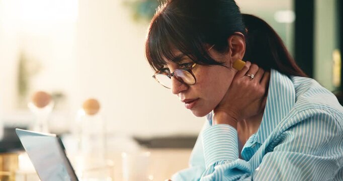 Woman, remote work and reading with laptop at house for research, proofreading and editor feedback. Mature person, pc and review article on website, story submission and information for publication