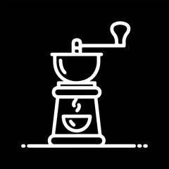 White line art of a vintage coffee grinder, with a steaming cup of coffee, and minimalist design