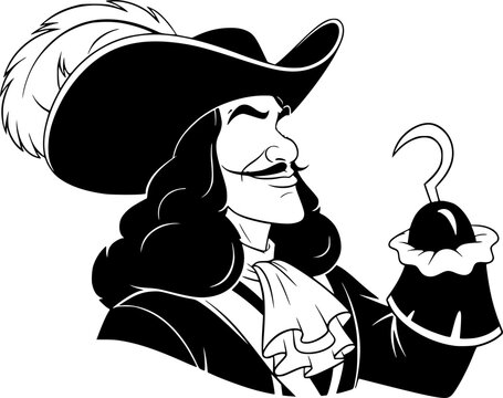 Captain hook silhouette. This image shows the silhouette of Captain Hook, a famous character with a hooked hand, symbolizing adventure and fantasy. Vector clipart illustration design