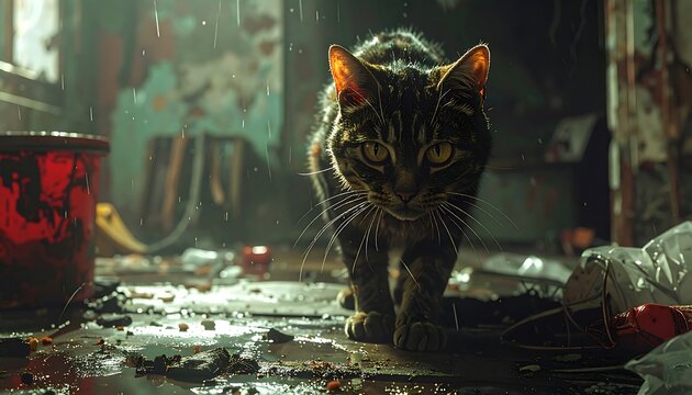 A detailed view of a cat confidently striding toward the viewer in a room filled with debris. Rain falls outside, highlighting the cat