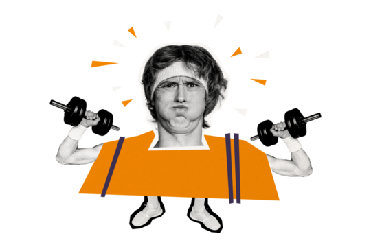 Composite photo collage of serious young sportsman pump biceps hold heavy dumbbell effort bodybuilding isolated on painted background