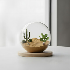 Miniature desert ecosystem with cacti inside a glass sphere on a wooden base, symbolizing balance between nature and preservation