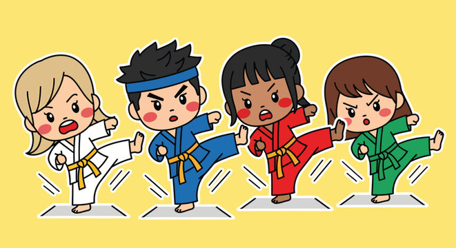 Diverse group of young martial artists practicing karate kicks in a dojo, showcasing teamwork and discipline with determination and focus.