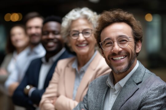 Happy diverse business team standing in row with arms crossed, confident professionals smiling at camera. Leadership, teamwork, success and corporate culture concept in modern office.
