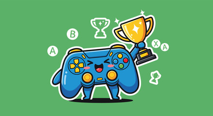 Cute blue gamepad joyfully holds a golden trophy on a green surface, celebrating victory and achievement in a playful and energetic style.