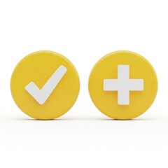 Obraz premium Yellow circular icons with a white checkmark and a plus sign symbolize success and addition.