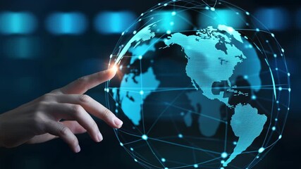 Global connection with hand touching digital earth mesh - Powered by Adobe