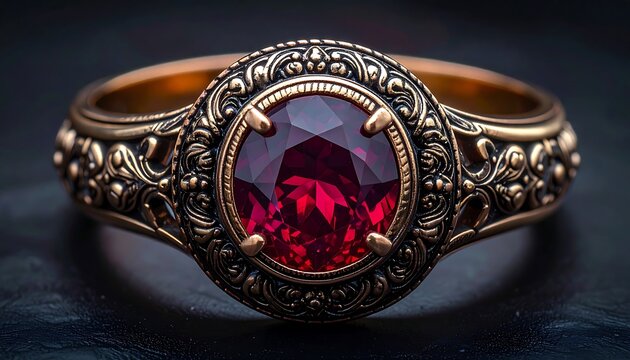 A detailed view of a gold ring with an elaborate floral design and a large, faceted, deep red gemstone