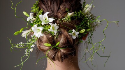 Naklejka premium Elegant Floral Hair Arrangement with White Lilies and Greenery for Artistic Photography and Event Styling