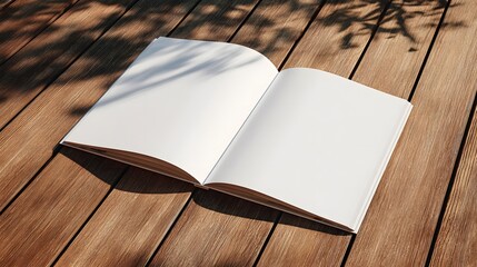 Open book with blank white pages lying on a wooden table