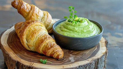 Freshly Baked Croissants with Green Herb Dip on Wooden Board