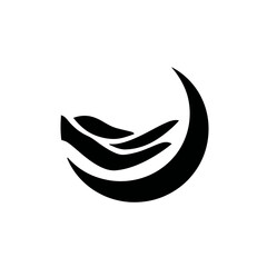 Obraz premium Modern abstract black graphic of embracing hands within a crescent, symbolizing care, nature, support, and well-being.