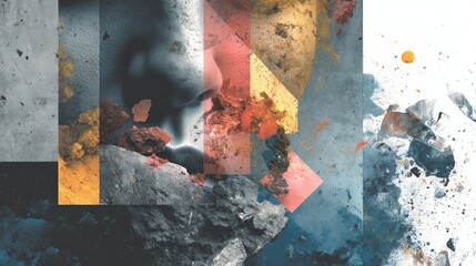Abstract digital collage with various textures and colors, featuring overlapping shapes of rocks and grunge elements creating an abstract background for design or graphic art.