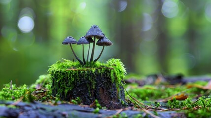 Group of delicate mushrooms growing on a moss-covered stump surrounded by lush forest greenery in soft focus