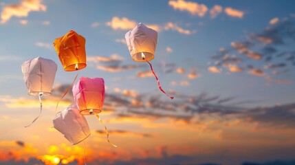 Colorful Lanterns Floating Against a Breathtaking Sunset Sky with Soft Clouds and Warm Tones