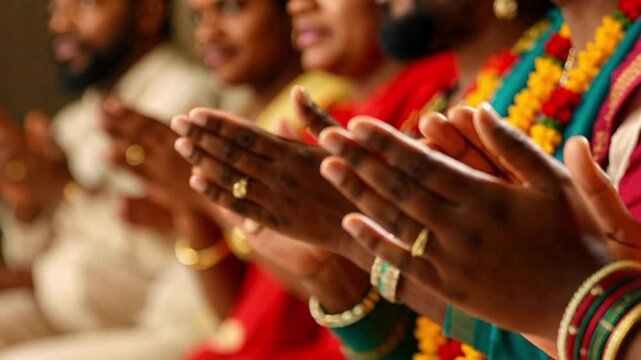 Energetic hands clapping in rhythmic unison during a vibrant bhajan performance celebrating Shivratri, capturing devotion and cultural richness