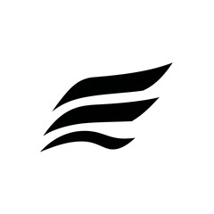 Abstract black wing icon with dynamic curved lines on a clean white background. Modern graphic design element symbolizing speed, freedom, or progress.