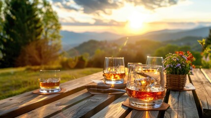 Sunset Glasses of Whiskey on a Wooden Table with Scenic Mountain View and Flower Basket