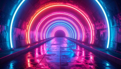 Long concrete tunnel with glowing neon circles fading into the distance, reflective wet floor, vibrant colors