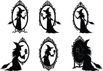 Witch silhouettes with ornate mirrors and crystal balls, spooky Halloween artwork, mystical fantasy characters, magical folklore design, eerie enchanted illustration theme