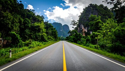 Fototapeta premium Long road stretches through dense green jungle leading to rocky cliffs under a partly cloudy blue sky