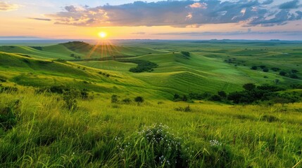 Serene Sunrise Over Lush Green Hills with Vibrant Sky and Beautiful Landscape in Rural Setting
