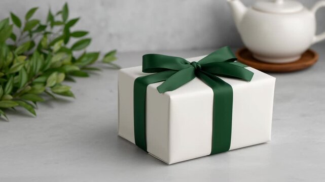 Korean tea ritual, beautifully arranged gift box with greenery.