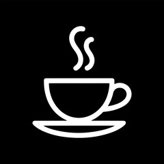 White line art icon of a steaming coffee cup on a saucer, perfect for cafe menus or beverage branding