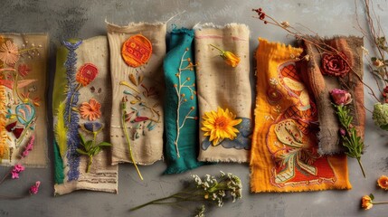 Colorful Handcrafted Textiles with Intricate Embroidery and Dried Flowers on a Textured Background