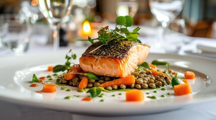 Elegant Dish of Grilled Salmon Fillet Served on a Bed of Lentils and Vibrant Vegetables in a Fine Dining Setting