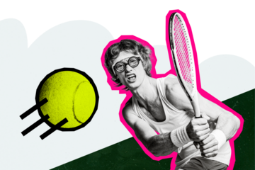 Composite photo collage of serious sportsman hold rocket push ball tennis game sport activity competition isolated on painted background