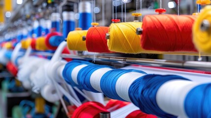 Vibrant Spools of Thread Organized on Industrial Sewing Machine in Textile Factory Setting