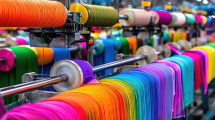 Vibrant Threads in a Textile Mill Showcasing Colorful Yarn Spools in a Well-Organized Production Setting