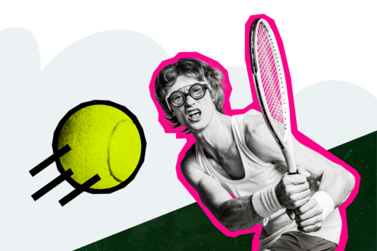 Composite photo collage of serious sportsman hold rocket push ball tennis game sport activity competition isolated on painted background - Powered by Adobe