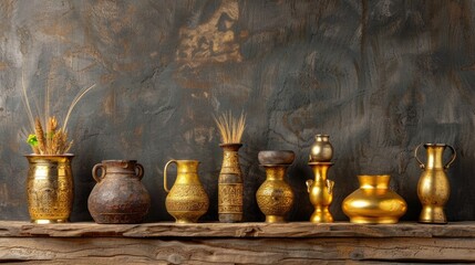 Elegant Display of Unique Decorative Vases and Jars Against a Textured Wall Background