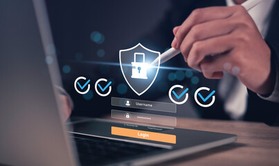Cybersecurity login interface with a lock shield icon, checkmarks, and secure access fields on laptop, symbolizing data protection, identity verification, and secure user authentication systems.