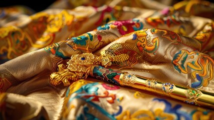 Ornate Golden Cane on Vibrant Embroidered Fabric with Intricate Patterns and Rich Colors in Luxurious Tapestry Setting
