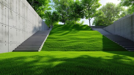 Lush Green Slope Surrounded by Concrete Walls with Stairs Leading Up in Modern Landscape Architecture Design