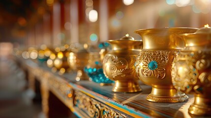 Ornate Golden Vessels with Decorative Turquoise Stones in a Serene Temple Setting